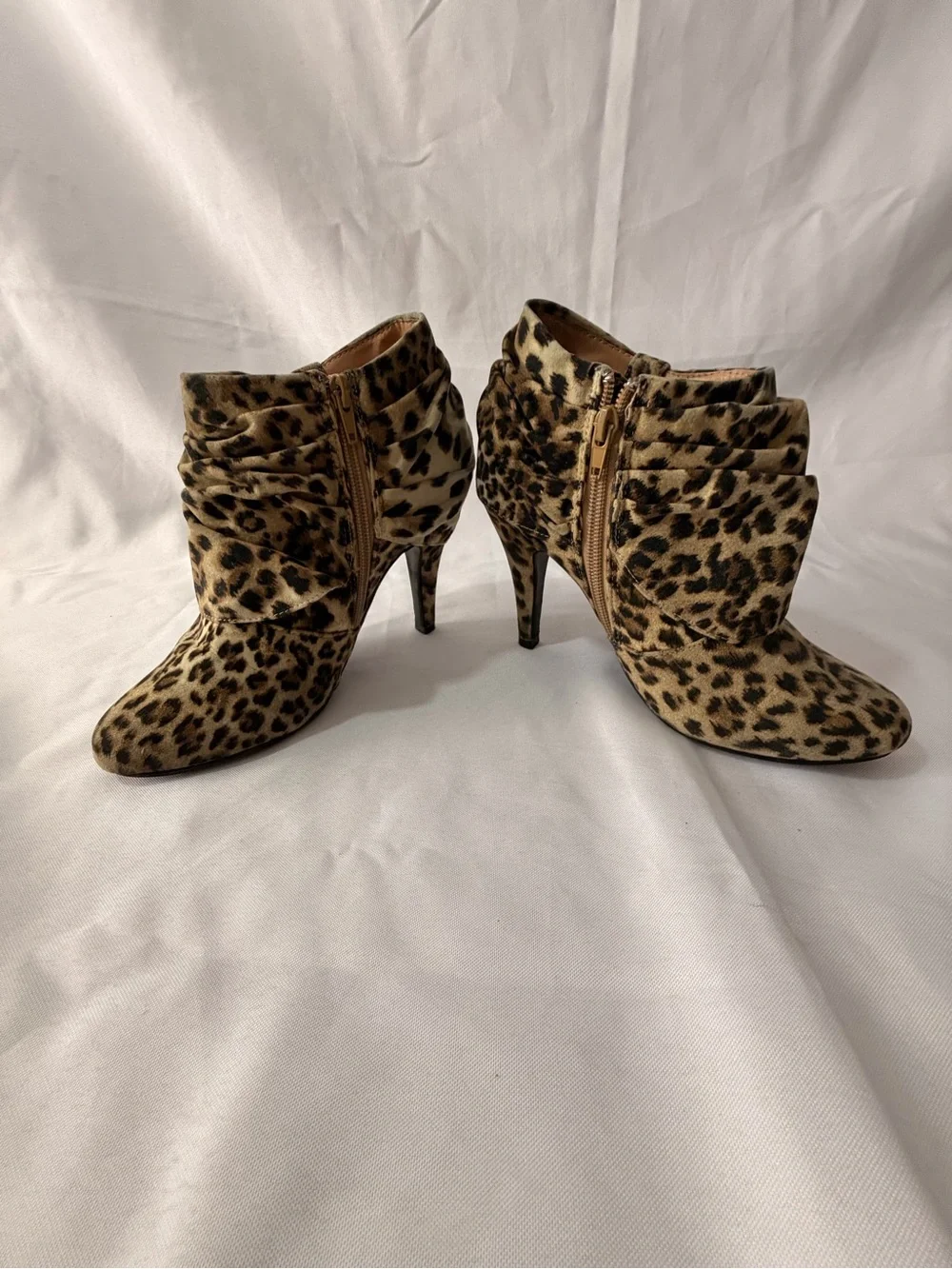 Glaze Leopard Print Ruched Ankle Booties in Tan and Black